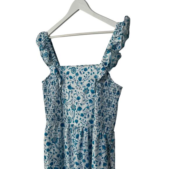 Draper James Womens Size Large Floral Smocked Ruffle Strap Midi Dress Blue White - Picture 9 of 12